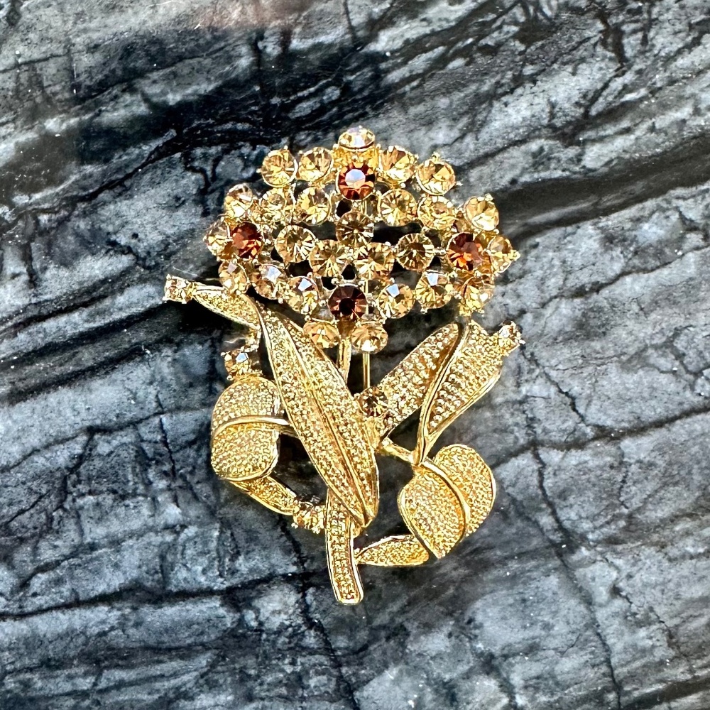 Gold & Amber Crystal Flower Brooch